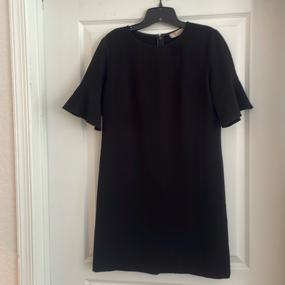Loft Black Textured Dress with Ruffle Sleeve